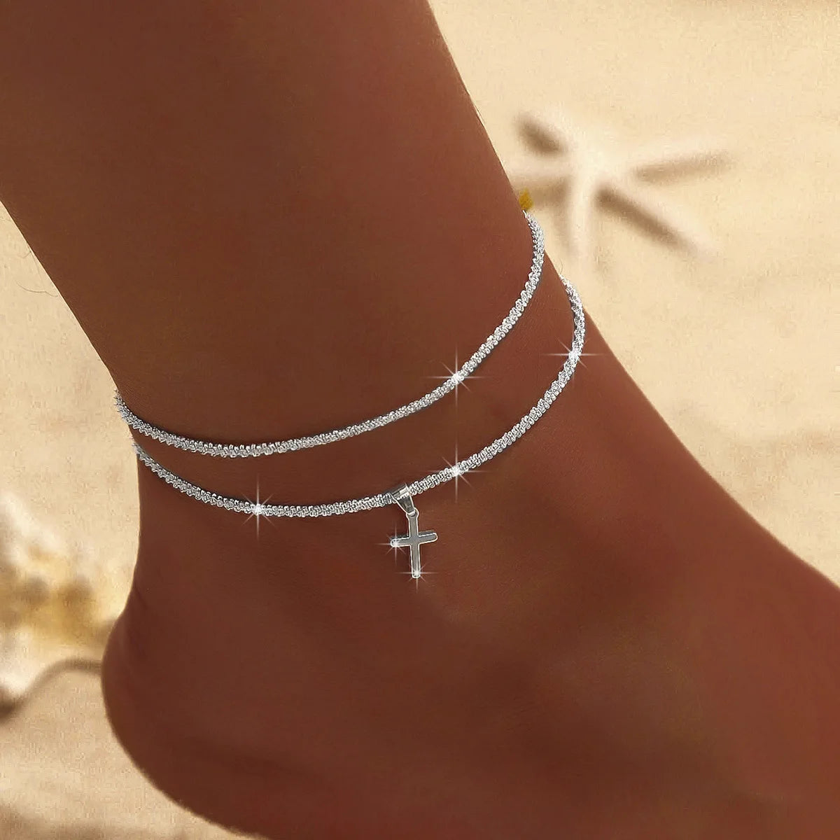 Sparkling Thin Chain Anklet For Women Zircon Heart Cross Pendant Double Layer Bracelet On Leg Foot Trendy Summer Beach Jewelry