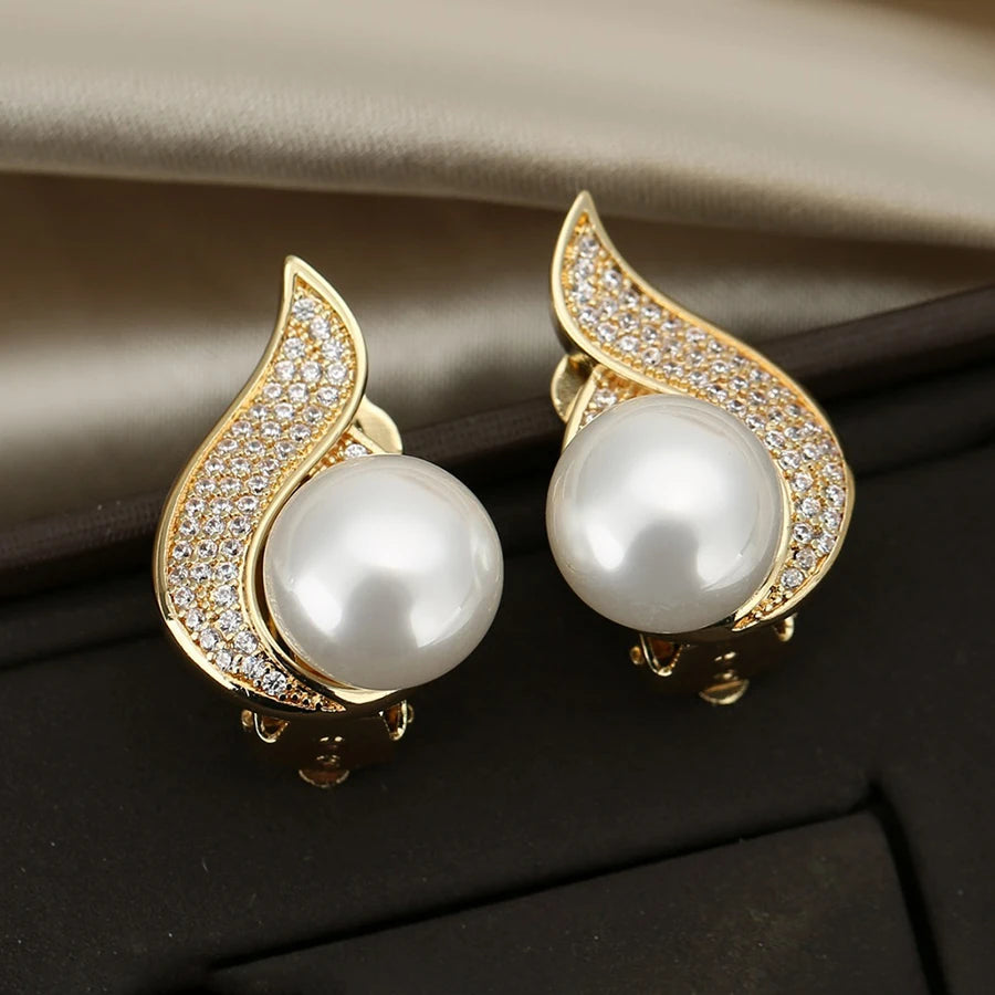 Korean Geometric Zircon Clip on Earrings for Women Exquisite Elegant Pearl Earrings Without Pierced Wedding Party Jewelry