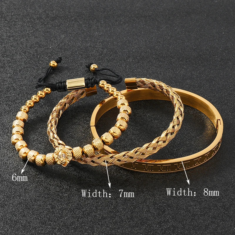 Luxury Lion Head Charm Beaded Man Bracelet Set Roman Stainless Steel Bangles Women Couple Jewelry Gift