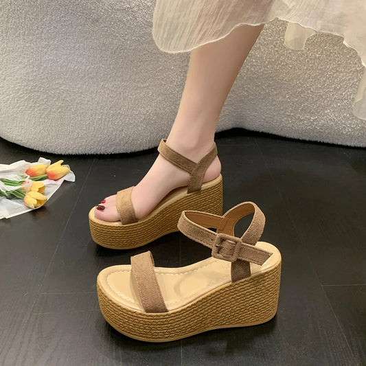 2024 New Summer Style Fashionable Comfortable Wear-resistant Platform Wedge Platform Sandals Platform Solid Color Suede Women