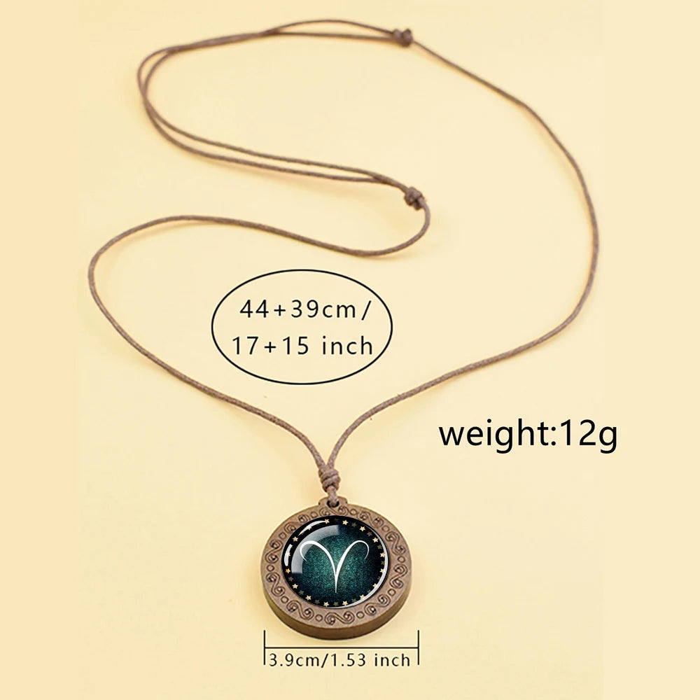 12 Zodiac Signs Constellation Necklaces Glass Dome Vintage Wood Pendant Rope Chains Necklace for Women Men Jewelry Birthday Gift