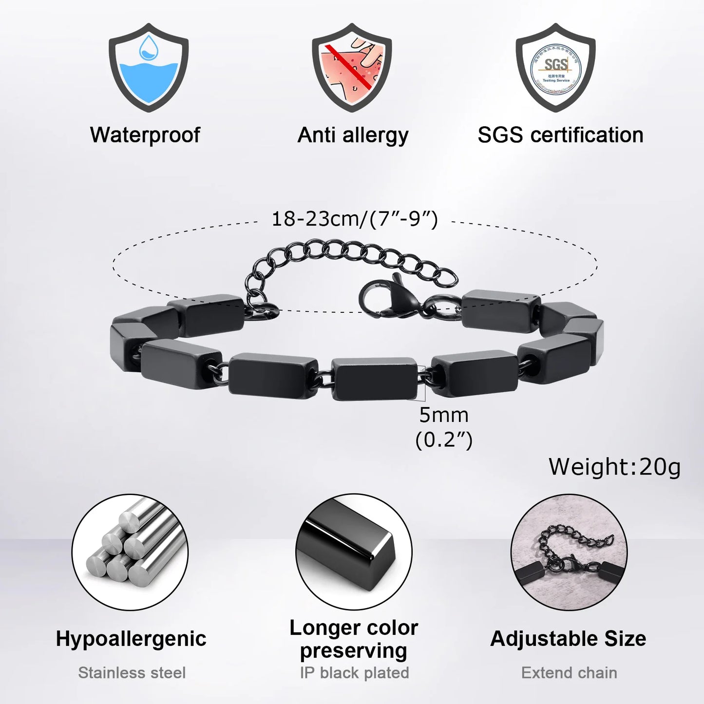 Vnox Cool Geometric Tube Link Chain Bracelets for Men Women, Black Silver Color Simple Stylish Adjustable Wristband Bracelet