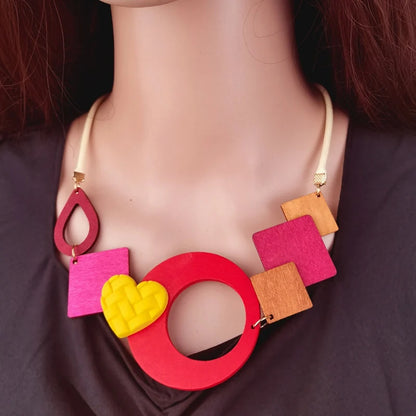 Geometric Wooden Pendant Ethnic Statement Bib Necklace for Women Handmade Maxi Necklaces Vintage Jewelry