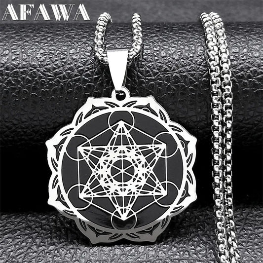 Sacred Geometry Metatron Cube Angel Seal Archangel Necklace for Women Men Stainless Steel Flower of Life Lotus Jewelry N7961S02