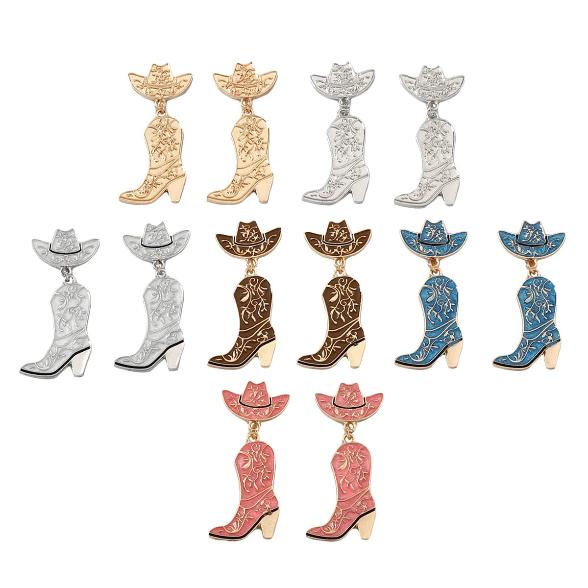 Grey Silvertone Cowgirl Hat & Boot Drop Earrings Wester Charm Earrings for Women Nashville Cowboy Studs Earrings 2024