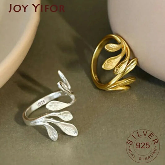 BFCLUB  Silver Color Korean Fashion INS Olive Leaf Ring Female Minimalist Trend Unique Design Open Ring Handmade Jewelry