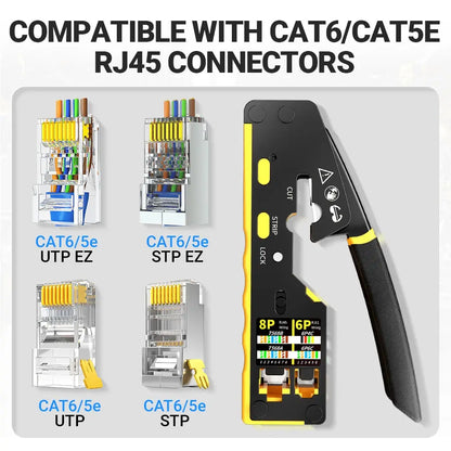 AMPCOM EZ-Type RJ45 Network Crimper - 3-in-1 Crimp/Cut/Strip Lan CAT8/7/6A/6/5E (STP/UTP) & RJ11/12 Tel Modular Cable (AM-6088)