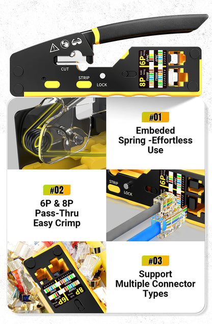 AMPCOM EZ-Type RJ45 Network Crimper - 3-in-1 Crimp/Cut/Strip Lan CAT8/7/6A/6/5E (STP/UTP) & RJ11/12 Tel Modular Cable (AM-6088)