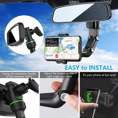 Rearview Mirror Phone Holder, 360° Rotatable and Retractable Car Phone Mount, Multifunctional Rear View Mirror Holder for All C