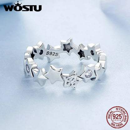 WOSTU 925 Sterling Silver 925 Sparkling Stars Stackable Finger Rings For Women Shiny Zircon Party Rings Valentine Birthday GIFT