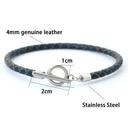 2024 New Genuine Leather Bracelet For Men Stainless Steel OT Buckle Bangle 4mm Thin Braided Pulsera De Cuero Gifts For Him Joias