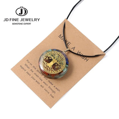 JD Natural Orgone 7 Chakra Tree Of Life Round Pendant Necklace Women Mixed Crystal Chip Stone Adjustable Healing Energy Jewelry