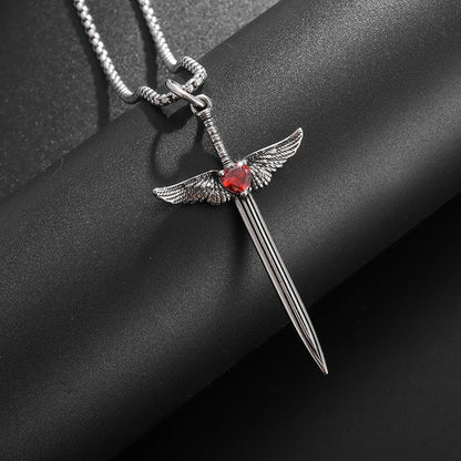 Retro Red Zircon Love Wings Cross Sword Pendant Necklace for Men and Women Personalized Pendant Jewelry Gifts