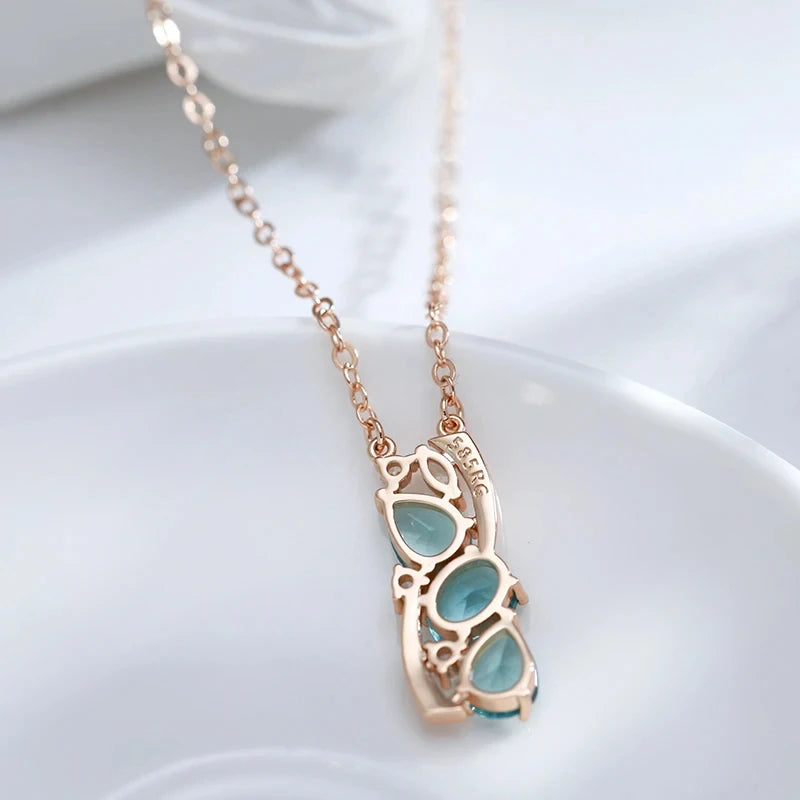 Kinel Hot 585 Rose Gold Color Pendant Necklace for Women Delicate Cut Dazzling Blue Natural Zircon Pendant Daily Fine Jewelry