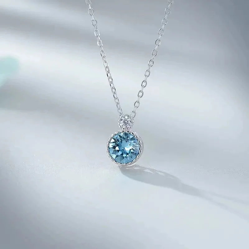 Popular 925 Sterling Silver Blue Zirconia Necklace Charm Minimalist Style Pendant Choker Birthday Gift for Women's Fine Jewelry