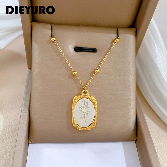 DIEYURO 316L Stainless Steel Mirror Flowers Pendant Necklace For Women Girl New Trend Non-fading Neck Chain Jewelry Gift Party