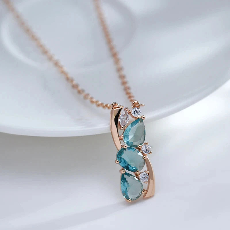 Kinel Hot 585 Rose Gold Color Pendant Necklace for Women Delicate Cut Dazzling Blue Natural Zircon Pendant Daily Fine Jewelry