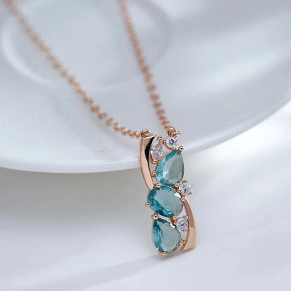 Kinel Hot 585 Rose Gold Color Pendant Necklace for Women Delicate Cut Dazzling Blue Natural Zircon Pendant Daily Fine Jewelry