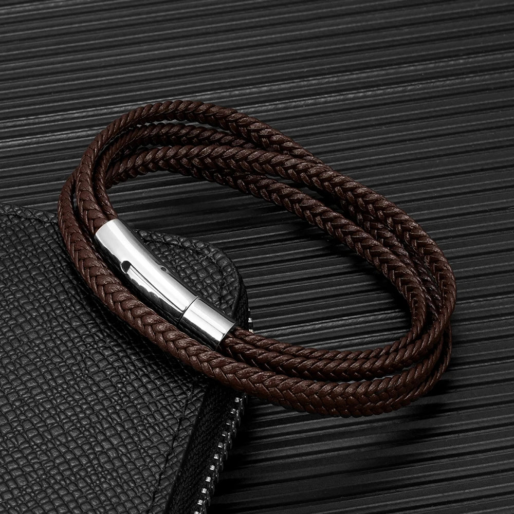 MKENDN Simple Style Men Women Multi Layer Braid Rope Leather Bracelet Stainless Steel Button Accessories HandmadeJewelry Gifts