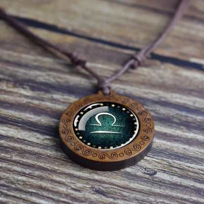 12 Zodiac Signs Constellation Necklaces Glass Dome Vintage Wood Pendant Rope Chains Necklace for Women Men Jewelry Birthday Gift