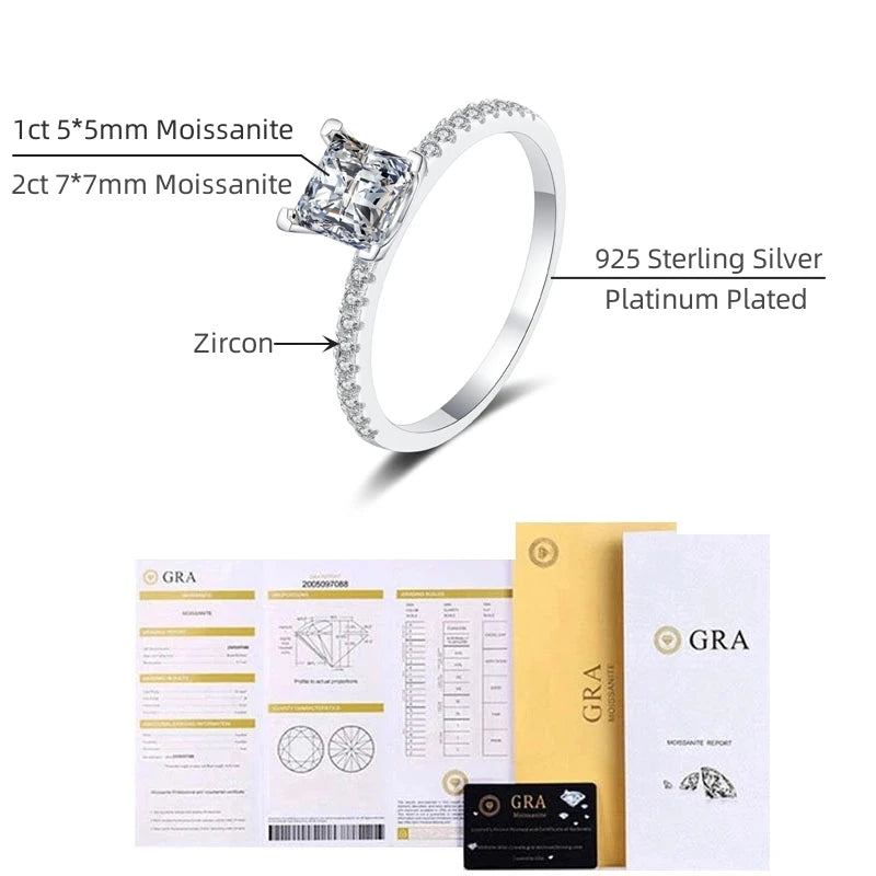 Real 1ct 2ct Princess Square Moissanite Rings For Women Sparkling Diamond Engagement Wedding Band S925 Silver Plated Pt950 GRA