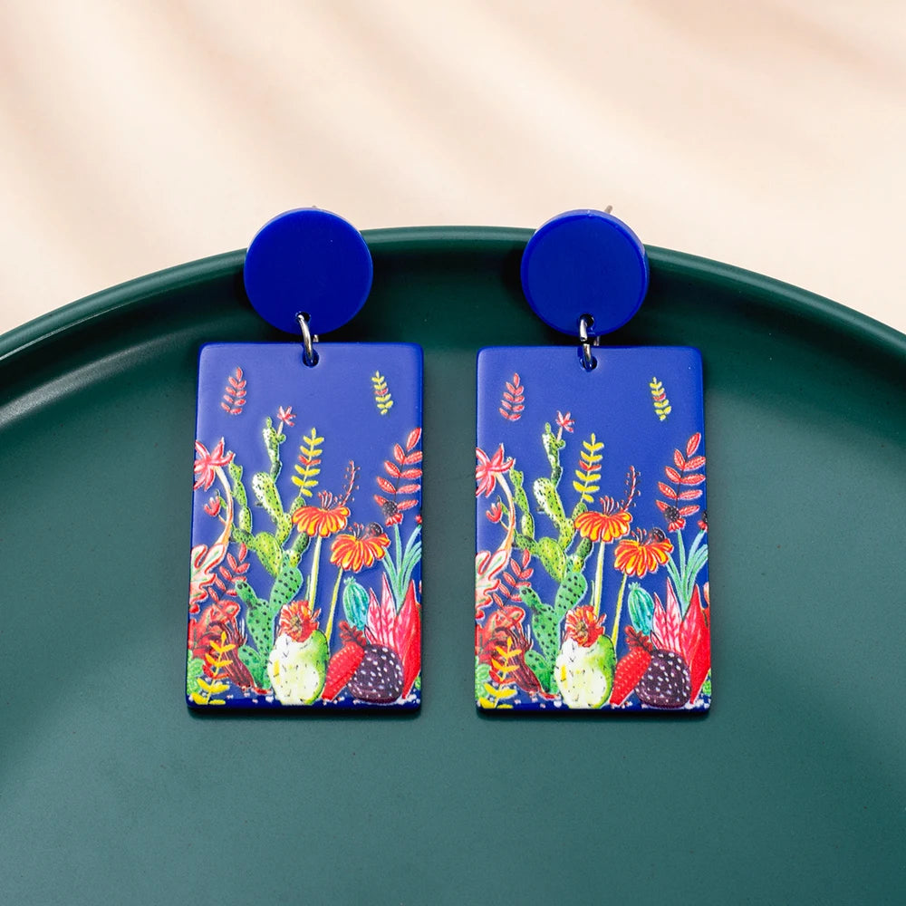 Fashion Blue Rectangular Printed Cactus Leaf Pattern Acrylic Earrings For Women Vintage Aesthetic Vacation Style Girls Jewelry