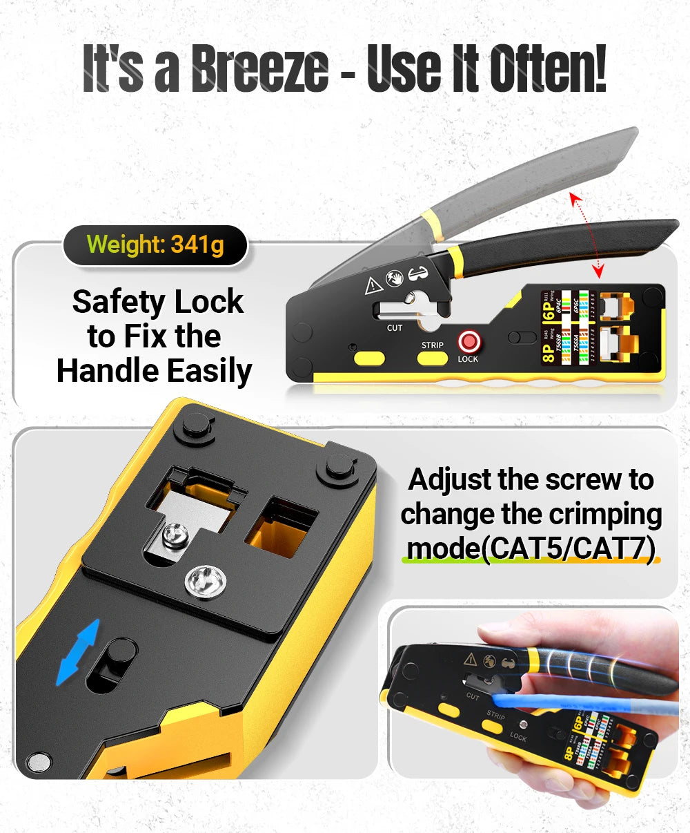 AMPCOM EZ-Type RJ45 Network Crimper - 3-in-1 Crimp/Cut/Strip Lan CAT8/7/6A/6/5E (STP/UTP) & RJ11/12 Tel Modular Cable (AM-6088)