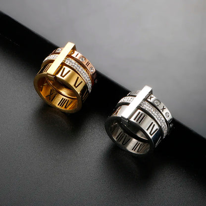 Three Layers Roman Numerals Ring for Women Luxury Stainless Steel Rotatable Crystal Finger Rings Female Wedding Trendy Jewelry