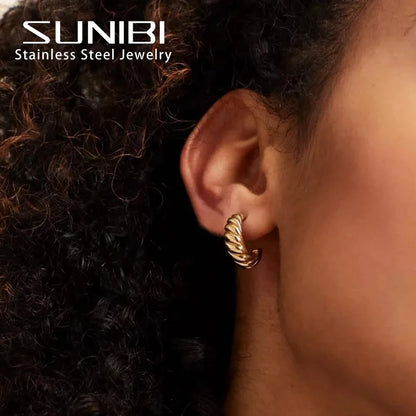 SUNIBI Stainless Steel Hoop Earrings for Women Girls Bread Texture Gold Color Round Circle Ear Rings Simple Jewelry Wholesale