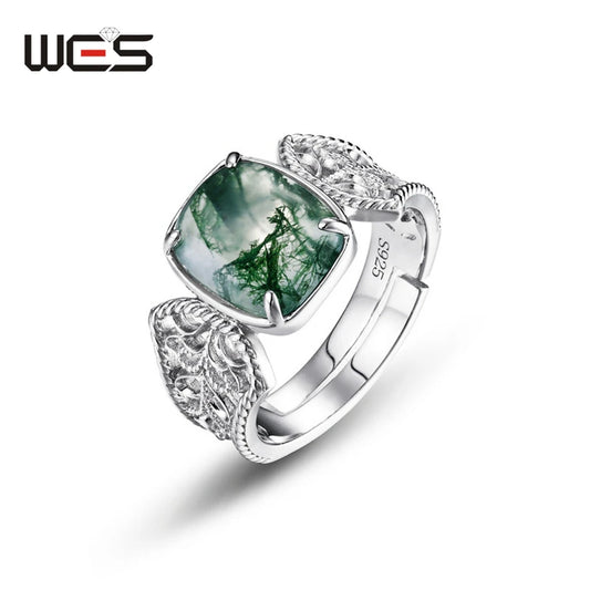 WES 925 Sterling Silver Natural Gemstone 8*10mm Moss Agate Open Rings for Woman Valentine Gifts Certified Fine Jewelry Wholesale