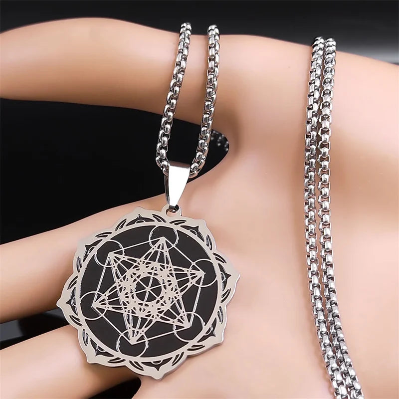 Sacred Geometry Metatron Cube Angel Seal Archangel Necklace for Women Men Stainless Steel Flower of Life Lotus Jewelry N7961S02