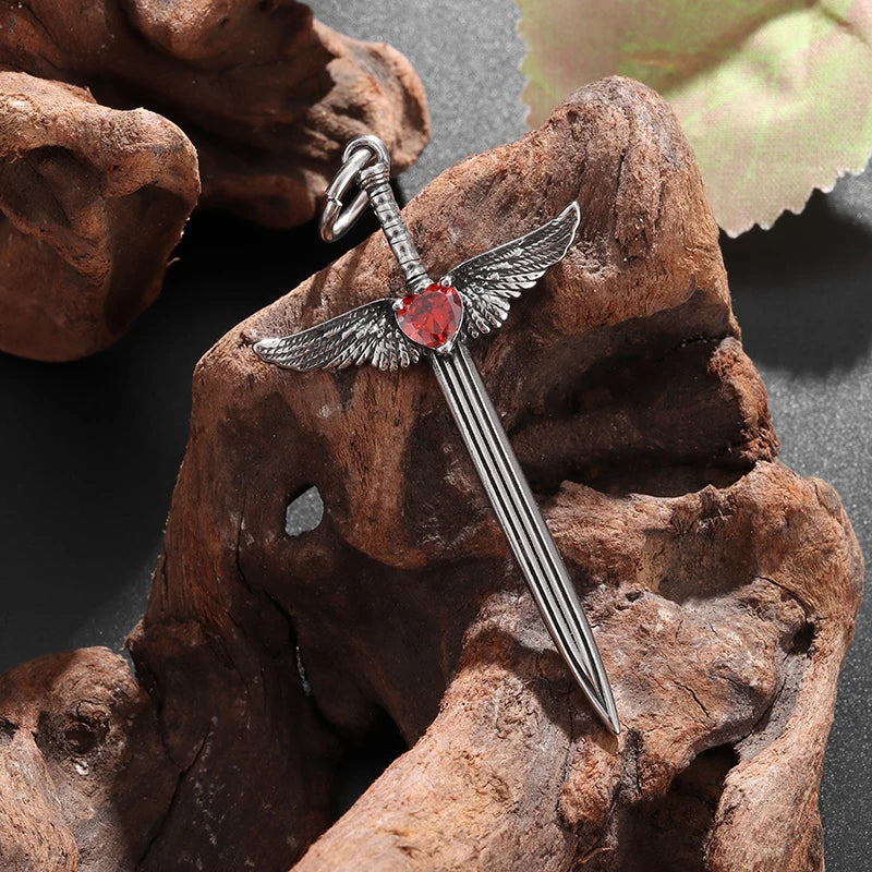 Retro Red Zircon Love Wings Cross Sword Pendant Necklace for Men and Women Personalized Pendant Jewelry Gifts