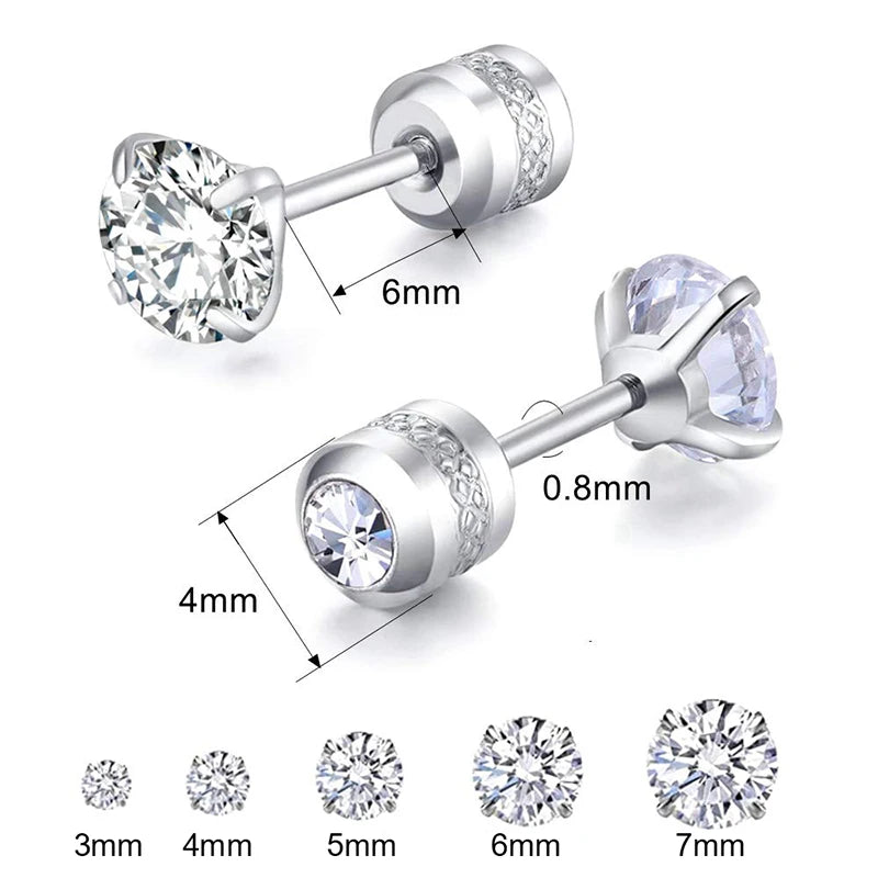 1Pc Stainless Steel Double Crystal Zircon Korean Earrings For Women Screw Ear Studs Earrings Anti Allergic Body Jewelry