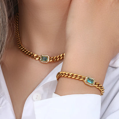 MamacitaSlay High Quality Gold Plated Cuban Chain AAA Zircon Necklaces Bracelets Stainless Steel Waterproof Jewelry for Women