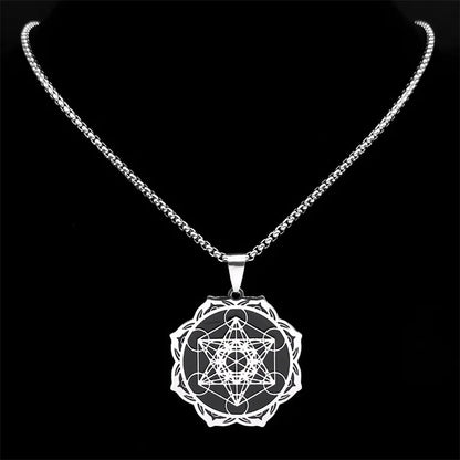 Sacred Geometry Metatron Cube Angel Seal Archangel Necklace for Women Men Stainless Steel Flower of Life Lotus Jewelry N7961S02