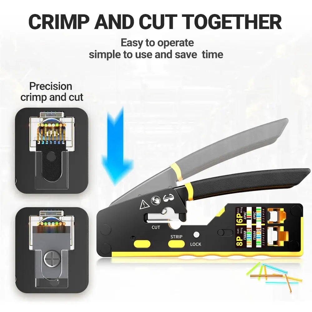 AMPCOM EZ-Type RJ45 Network Crimper - 3-in-1 Crimp/Cut/Strip Lan CAT8/7/6A/6/5E (STP/UTP) & RJ11/12 Tel Modular Cable (AM-6088)