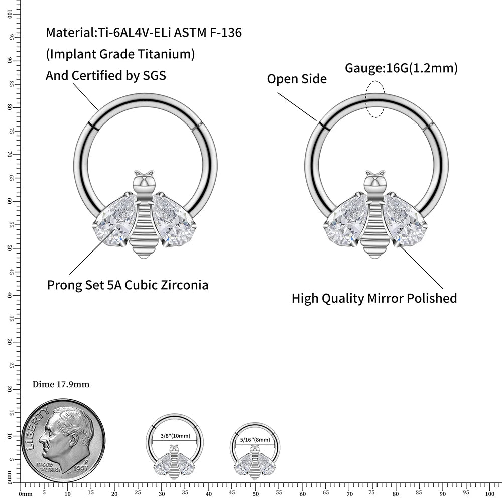 Right Grand ASTM F136 Titanium Bee CZ Septum Clicker Ring Daith Earring 16G Nose Ring Hoop Hinged Segment Seamless Clicker