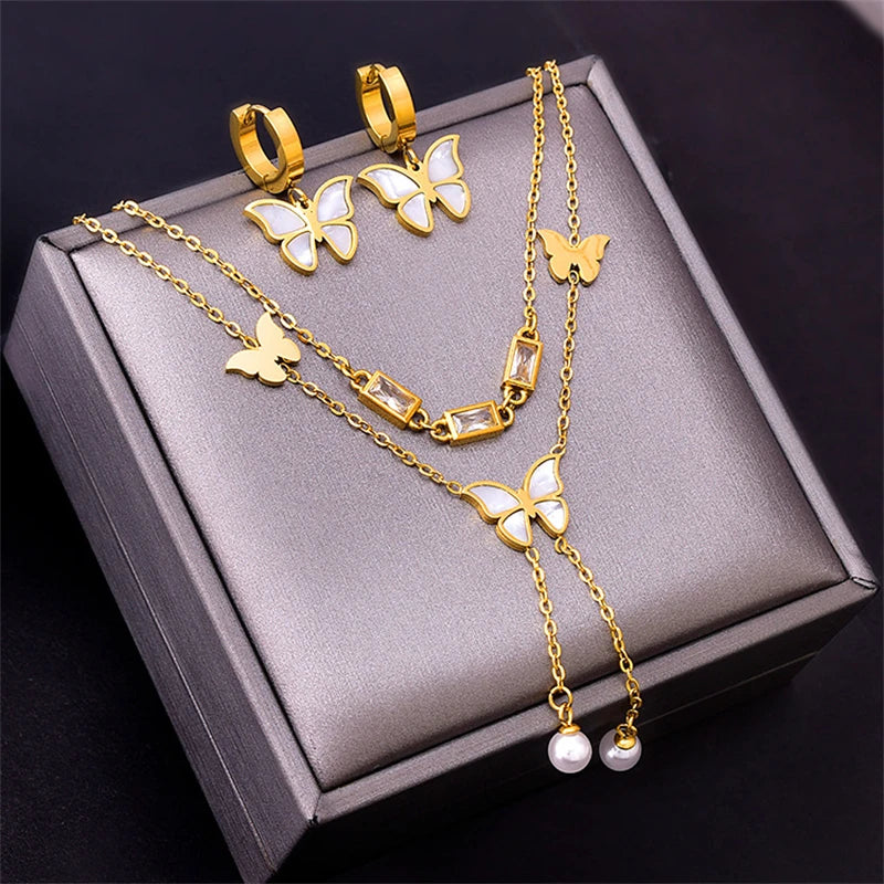 316L Stainless Steel New Fashion Fine Jewelry Natural Seashells Butterfly Pearl Charm Chain Necklaces Bracelet Earring For Women