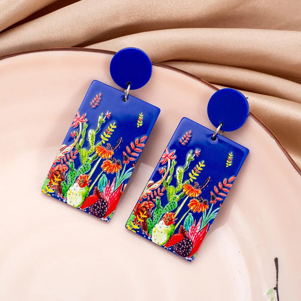 Fashion Blue Rectangular Printed Cactus Leaf Pattern Acrylic Earrings For Women Vintage Aesthetic Vacation Style Girls Jewelry