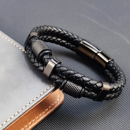 Luxury Pineapple Grain Bead Charm Bracelets for Men, Vintage Punk Male Wristband, Black Braided Real Genuine Leather Bangle