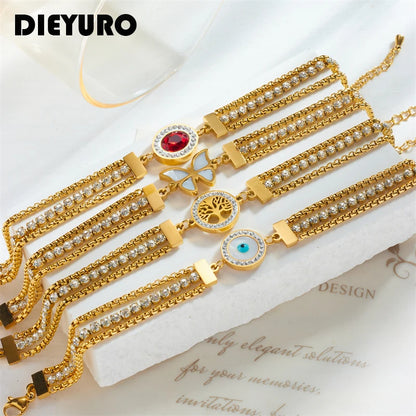 DIEYURO 316L Stainless Steel Red Stone Butterfly Eyes Bracelet For Women Girl New Trend Multilayer Chain Jewelry Gift Party