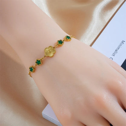 MEYRROYU 316L Stainless Steel Trend Gold Color Five Leaf Flower Charm Bracelet For Women Green Star Zircon Clover Bangle Jewelry