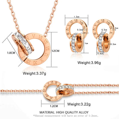 PAXA 3PCS Classic Roman Numeral Crystal Stainless Steel Earrings Necklace Bracelet Luxury Elegant Fashion Jewelry Sets for Women