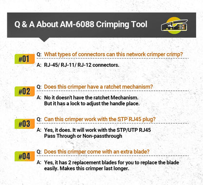 AMPCOM EZ-Type RJ45 Network Crimper - 3-in-1 Crimp/Cut/Strip Lan CAT8/7/6A/6/5E (STP/UTP) & RJ11/12 Tel Modular Cable (AM-6088)