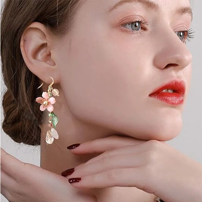 Spring Pink Flower Dangle Earrings for Women, Fairy Charms Floral Leaf Earrings Summer Holiday Pendants Earrings Jewelry Gifts