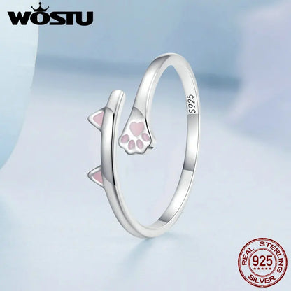 WOSTU Solid Pure 925 Sterling Silver Cute Cat Finger Ring for Women Girl Band Rings Party Jewelry Gift For Girlfriend CQR341