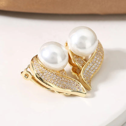 Korean Geometric Zircon Clip on Earrings for Women Exquisite Elegant Pearl Earrings Without Pierced Wedding Party Jewelry