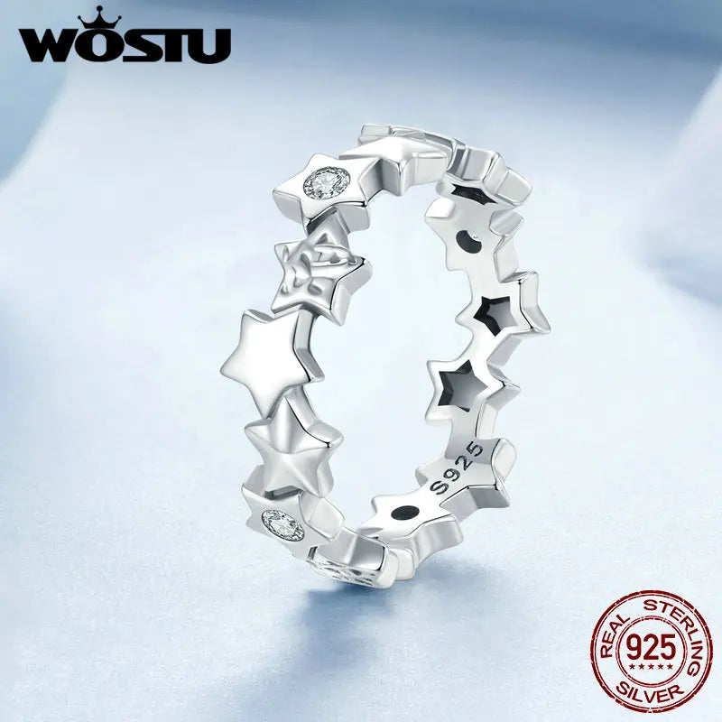 WOSTU 925 Sterling Silver 925 Sparkling Stars Stackable Finger Rings For Women Shiny Zircon Party Rings Valentine Birthday GIFT