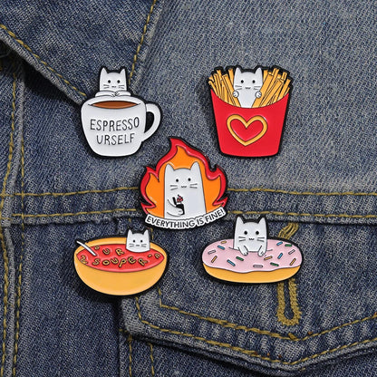 Cute Cat Enamel Pins Coffee Chip Donuts Metal Brooches Fashion Lapel Badge Backpack Clothes Animal Jewelry Gift for friends