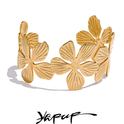 Yhpup High Quality Stainless Steel Flower Cuff Open Statement Bracelet Bangle Gold Color Tarnish Resistant Metal Stylish Jewelry